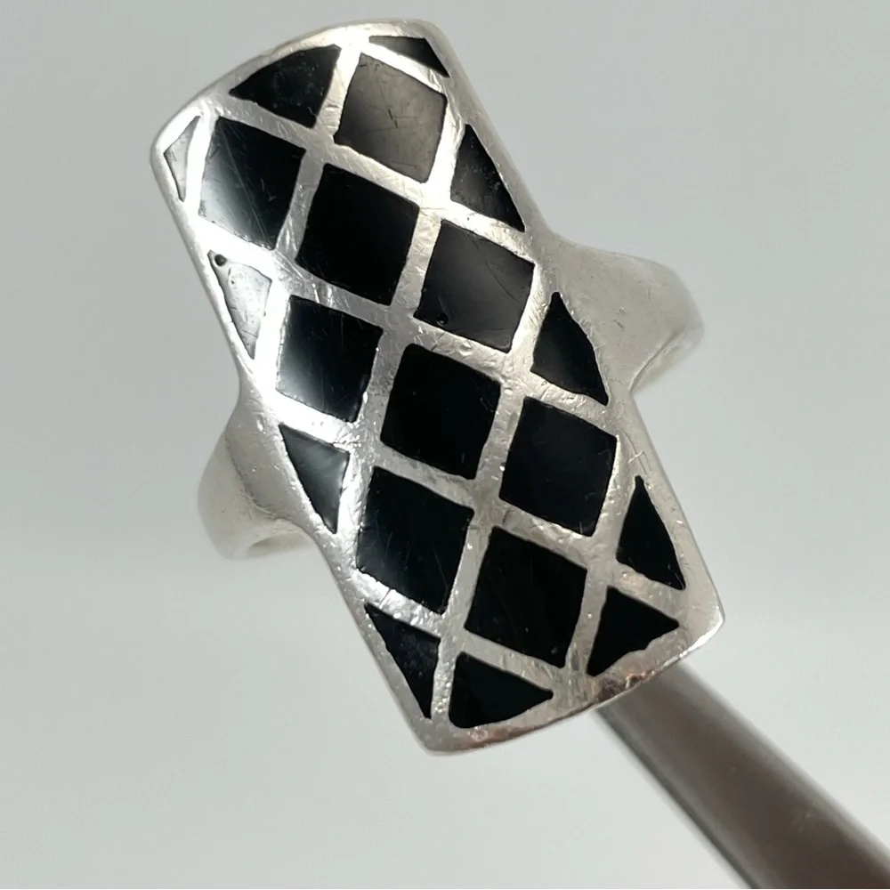 Vintage CFJ 925 Sterling Silver Black Onyx Ring Art Deco Geometric Band